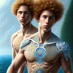 intricate, sharp focus, highly detailed, digital painting, Paul Lewin and Kehinde Wiley, full body image of a beautiful 12 year old boy with long, blonde curly hair and light blue eyes, smiling, shirtless, in front of an distant beach