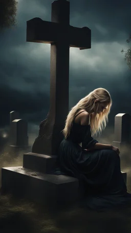 photorealistic hyperdetailed young woman with dirty blonde hair crying kneeling by a grave with a wooden cross dark fantasy