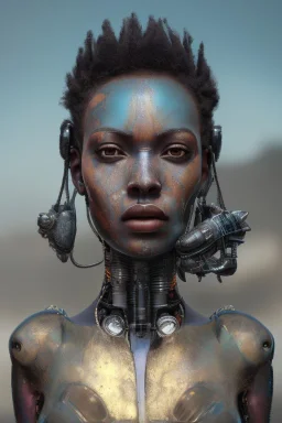 portrait,beautiful african robotic sirene, post-apocalyptic in a cyberpunk city, realistic, intriacte detail, sci-fi fantasy style, volumetric lighting, particales,highly detailed,cinematic, deep blue.