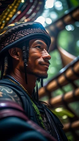 close up portrait of a happy blessed buffalo soldier in a space alien mega structure with stairs and bridges woven into a sacred geometry knitted tapestry hammock over a hill in the middle of lush magic jungle forest, bokeh like f/0.8, tilt-shift lens 8k, high detail, smooth render, down-light, unreal engine, prize winning