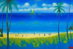 A blue beach with Hawaiian tikis painted by Georges Seurat