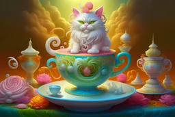3d symmetrical colorful vibrant rainbow rococo gothic yerka "cat in a teacup" "large pile of whipped cream puffs" sunrise by artist "peter mohrbacher", by artist "laurie lipton", by artist "Natalie Shau"
