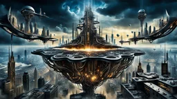 a stunningly weird image of a futuristic giant dark floating tower metropolis using Salvador Dali's paranoiac-critical method, where buildings and structures appear to melt into the skyline cityscape is filled with floating mad, twisted sharp metal shapes that interact with the buildings and each other, forming a surreal tableau of a dreamlike reality. neu-steampunk vibe, essence of the scene in a cinematic manner, with dramatic shadows that enhance the distorted perspectives and bizarre