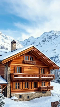 Vue d'ensemble (entier) d'extérieur d'une maison en bois au style chalet, située dans une montagne enneigée. Elle a un toit à forte inclinaison, des cheminées en pierre, et des fenêtres avec des volets en bois. Des montagnes enneigées l'entourent.