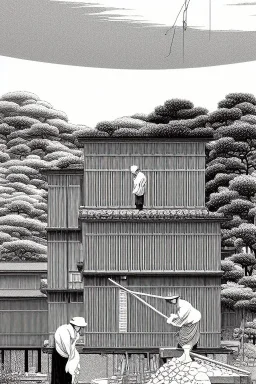 As monochrome image of man building a home, by kawase hasui, moebius and edward hopper,gustave dore, colorful flat surreal design, hd, 8 k, artstation