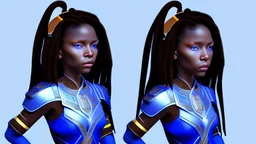 She's diminutive, with brown skin, short black dreadlocks hair. She has indigo blue eyes. She has a long blue cape over a white dress.