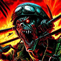 In the style of Heavy metal Magazine, close up of fantastical cursed Zombie World War I (WWI) flying ace with red glowing eyes in cockpit determinedly gripping the airplane yoke, Zombie Red Baron Dogfighter screaming, horror, intricately detailed, complex contrast, dynamic composition; cinematic lighting; meticulously composed concept art, masterpiece, cell-shaded, Zombiecore