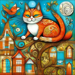 An orange cat with blue eyes, adorned with intricate patterns and stylized buildings paints, hangs precariously from a floral-patterned board, against a mottled gray-green background. It looks directly at the viewer while a speech bubble above its head states "Good Morning". Three stylized birds in various colors and patterns stand on the branch and board above and below the cat, whimsical, expressionist painting, diswashed, Aging effects, Ogata Kōrin style.