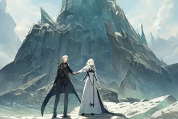 Only one guy and a girl are standing on the edge of a cliff and holding hands