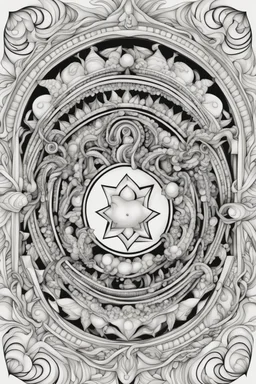 Mandala of Libra intertwined with Venus accents, illustrated in black and white with distinct, bold lines, suitable for an adult coloring book, contour, vector, clean line art, isolated on a white canvas