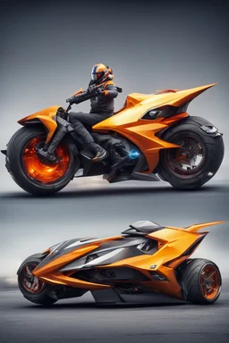 A combination of ultra-advanced car and crazy Max fighter, super sporty, with color and nano technology An advanced motorcycle with four wheels and a turbo jet in the back with rockets and machine guns