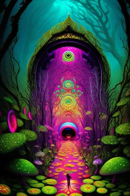 Illustration, Psychedelic art, human eye in a forest full of colourful mushrooms, vivid colours, intricate details, maze, gears, in the style of H.R.Giger, , ultra detailed, photorealistic, top light, 35mm lens, fish-eye