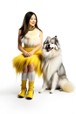 large white dog in a feather dress, next to a girl in a yellow sweater, a gray skirt, white stockings and black shoes, both facing the front in the photo. white background, 16K, real photography, portrait.