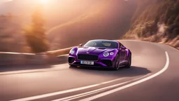 A sleek purple shiny (((Bentley Porsche Ferrari))), its contours and details perfectly captured in a (((cinematic view dramatic monsters))), zipping along a winding road under a beautiful black nightmare