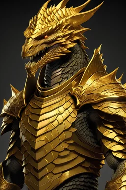Человек-дракон с золотой чешуей в золотой броне