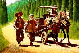 old man driving 2 wheel cart stopped by bandits on horseback on the forest road