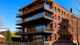 A low-angle shot captures a modern, multi-story brick house with a unique architectural design. The house features a combination of horizontal and vertical brickwork, with a flat roof and a cantilevered balcony. The balcony is supported by a beam and has a metal railing. The house has several windows, some of which are narrow and vertical, while others are wider and horizontal. The windows have white frames and dark glass. The house is surrounded by trees and greenery, and the sky is visible in
