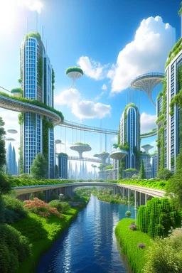 A futuristic alien city, with balconies, verandas, many arches, bridges, spires, paths, trees, dense foliage, Spanish moss, ivy, river, blue sky, white clouds.industry revolution new age, new-age theme, hyper realistic city with galaxy sky