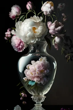 Meissen Porcelain Clear Crystal Vase sitting on a table with a dark background, many large flowers, peonies, roses, tulips