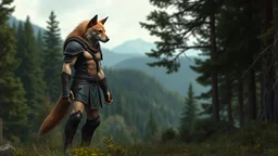 Photorealism. Fantasy humanoid with canine like affinity without changing into actual canine. Show the body from the head to the feet of the humanoid in the image. The humanoid is wearing leather armor. Background of forest and hills.