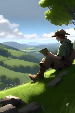 /imagine prompt: Realistic, personality: [Illustrate a medium shot of Spot sitting on a hill, overlooking a beautiful landscape. He has a distant and thoughtful expression on his face, as if reminiscing about the wonderful adventures he had while reading] unreal engine, super real --q 2 --v 5.2 --ar 128:55