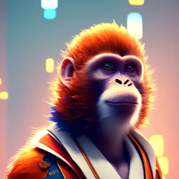 A beautiful portrait of a cyberpunk monkey facing camera orange color scheme, high key lighting, volumetric light high details with white stripes and feathers unreal 5, octane render, cinema4d, dynamic lighting, dramatic lighting, 4k, redshift render, highly detailed, hyper realistic