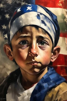 an expressive painting of a Arabic boy painting, with American flag in the background, we might see a companion with features of absolute strength and determination, blended with warmth and deep faith. Perhaps his face expresses wisdom and courage, with eyes radiating confidence and faith.