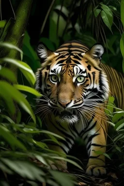 primer plano de un tigre al acecho, en el medio del bosque amazonico, rodeado de monos titi