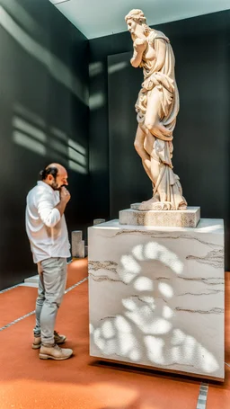 Contemporany Greek sculpture in Portuguese natural stone, marble, Shot on Canon EOS R5, 50mm lens, depth of field, shutter speed 1/ 1000, f/ 2. 8, white balance, 6000k. High resolution, realistic details, HDR efects, film grain, 8K. -–ar 2:3