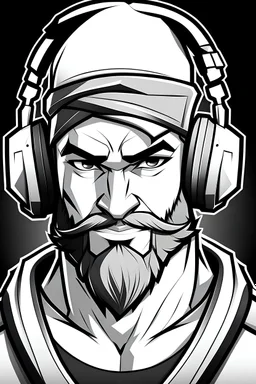 Generate an image of a character for the GamingGenius YouTube channel logo. The character should resemble the Gigachad meme figure, with a sharp jawline, muscular build, and wearing a headset. The character should exude confidence and strength. The color scheme should be black and white, reminiscent of the Gigachad aesthetic. The background should be blurry, with subtle gaming-related elements incorporated.