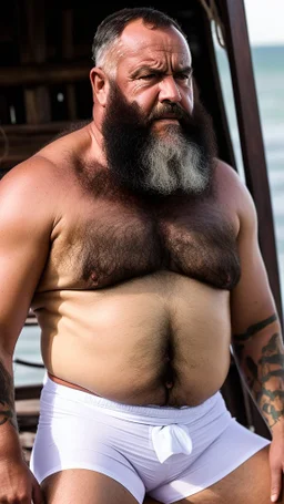 photography of a burly marocan fisherman sunbathing sitted in a fisher wooden boat, in little white french briefs, tattoo, manly chest, ugly, 54 years old, bullneck, white long beard, dreadlocks, muscular chubby, angry eyes, photorealistic, Canon EOS, 8k