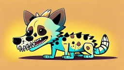 Cute chibi-style hyena dog, eating a big bony skeleton, cartoony, colorful, exaggerated, simplified, adorable