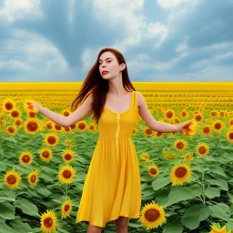 woman standing in sunflower field, back, wind, long brown hair, yellow dress