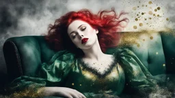 mixed media, multiple exposure, old worn torn plain canvas, grunge, layered, embossed, fine art luminous soft watercolor, glitter, mid-ground, luminosity, highlights, gold fragments, light effects, dark grey-green fragments, dot technique, portrait of Victorian Gothic woman on SOFA, Red hair, light Red lips, fluffiness, wind, airy dark GREEN flowing dress, Fur, swirls, layered, blending, textured, 3D, 8K, best quality, fine rendering, high detail, hyperrealism, high resolution, high definition,