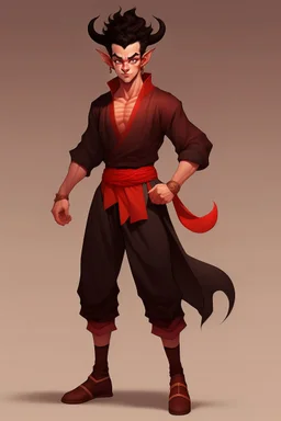 Full Body, Male Tiefling, monk, body shape as Super Sayin Goku, boxer pose, dark outfit colour theme, HD