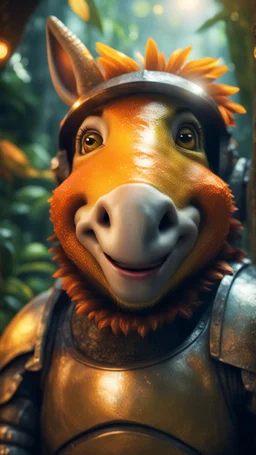 close up, magazine cover, smiling with front teeth, metallic yellow orange donkey turtle chivalry knight with friendly cute face and hair locks in dark lit reflective wet jungle metallic hall dome hotel tunnel, in the style of a game,bokeh like f/0.8, tilt-shift lens 8k, high detail, smooth render, down-light, unreal engine, prize winning