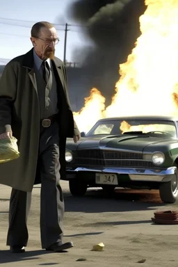 walter white walking away from a burning car with money in his hands