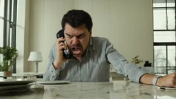 angry guy on phone at incomplete table next to marble tabletop