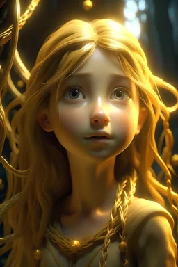 leowney pictures prompt Create an 3d animation style, enchanting illustration of a beautiful girl, a fourteen-year-old girl from the mystical realm of Glinnerphen land, with a golden hair with beautiful big grey color eyes. With clear and high-resolution features, Strings of a power magical light emerge from inside her bare hands, rising up and forming oases in space, the Luminous Trace. Show Lily weaving intricate patterns in the air with grace and purpose, surrounded by the ethereal beaut