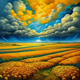 surreal fields of color, oil on canvas, endless warm fields full of golden yarrow under the sun, surreal thunder clouds --v 6.0 --style raw