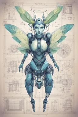 Hand drawn technical illustration , with detailed blueprints and engineering schematics of a robotic hybrid walking leaf insect girl, with highly detailed facial features, drawings, and technical notation, 8k, vibrant natural colors