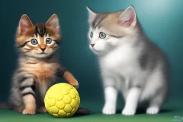 a puppy and a kitten playing with a ball