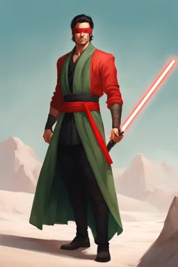 Red Blindfold, Male Tan Human, Extremly Long Black Hair, Peaceful body pose, Red Fancy Lightsaber With a Crossgaurd.