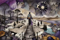 inner world this atypical world, in midle an alone human figure with a big map his hands in weird alternative clothes stands on the thin bridge , weird whimsical landscape, forest, and Sahara water and rocks,, around surreal cracked painted weird land with some black doors. dark purple, gray, black, white, brown. Whimsical style of Chagall , of Minjae Lee and Anton Semenov, lonely with absurd beauty. broken, weird bizarr,e absurd nightmare, neuron network background, surreal vibe