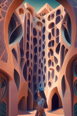 Hassan Fathy architecture buildings, Optical Art, flowing, vivid, alive, very detailed, 8k, beautiful brunet girl with flowing dress in front of the building,