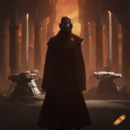 star wars bald male corellian jedi pilot wearing black and gunmetal grey old republic armored robes with gold trim, alone, battle-ready Jedi Master defending a ruined ancient city surrounded by golden light, centered head and shoulders portrait, hyperdetailed, dynamic lighting, hyperdetailed background, 8k resolution, volumetric lighting, light skin, fully symmetric details