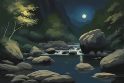 Night, rocks, river, mountains, japanese manga style, ferdinand georg waldmuller, and friedrich eckenflder impressionism paintings