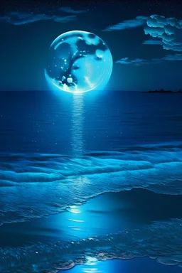 The sea and the blue moon, which is neon, and the reflection of the moon's light falls on the sea and creates a dreamy landscape