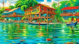 A vibrant, colorful illustration of a bustling waterfront building, partially submerged in shallow, crystal-clear waters, with ripples and subtle reflections on the surface, surrounded by lush greenery and a few sailboats or boats docked at the shore, capturing the essence of a lively, tropical scene.