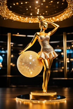 A magnificent cristal and gold heart-shaped sign adorned with a stunning berliant sphere encrusted with sparkling diamond clusters at its center, elegantly spinning in position,a golden statue of a girl in standing pose,colorfull flashing spinning disco roof lights,do not change girl statue pose and head